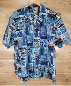 VTG Royal Creations Hawaiian Button Shirt Men XL Blue Turtle Geometric Abstract - Picture 1 of 9