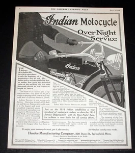 1914 OLD MAGAZINE PRINT AD, INDIAN MOTOCYCE, NOW OFFERING OVENIGHT SERVICE, ART! - Picture 1 of 1