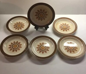 6 VTG Sears Merida Ironestone Mid Century Yellow Brown Floral Salad Plates 7.5" - Picture 1 of 7