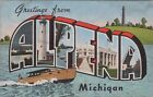 Alpena, MI - Large Letter, boat - Vintage unused Michigan Greetings Postcard