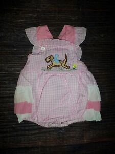 NEW Boutique Baby Girls Puppy Dog Pink Gingham Ruffle Romper Jumpsuit