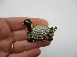 TURTLE BROOCH ~ BLACK ENAMEL with SPARKLY CRYSTALS - Picture 1 of 2
