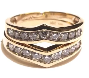 14K Yellow gold 2 matching wedding band rings set jacket .90ct I1 I diamond 6.5g - Picture 1 of 23