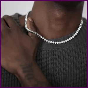 Hip Hop Zirkon Kristall Halskette für Herren Rock Silber Farbe Tennis Kette Halskette - Bild 1 von 26