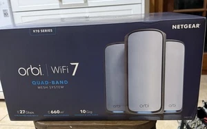 NETGEAR Orbi 970 Series Quad-Band Wifi 7 Mesh Network System (RBE973S), Router + - Picture 1 of 12