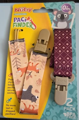 Nuby PaciFinder Infant's 0+m  2-Pack Fox/Bear Pacifier Clips New - Image 1 of 4