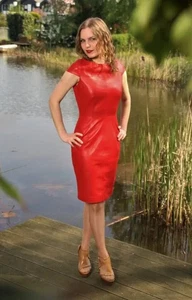 Womens Red Crop Leather Dress. Slim Fit Mini Dress Real Sheepskin Leather Party - Picture 1 of 6