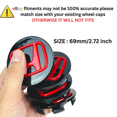 4PCS Fit For Honda Wheel Center Black Caps Red Logo Hubcaps 69mm/2.72inch NEW - Image 1 of 4