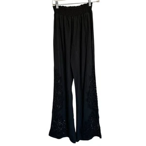 Johnny Was Black Linen Battenberg Lace Crochet Pull On Wide Flare Leg Pants L - Picture 1 of 9