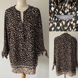 Principles Black White Tan Geometric Floaty Blouse Top Tie Cuffs Size 18 VGC - Picture 1 of 11