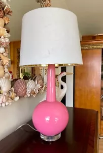 Bubblegum Pink Anthropologie Lamp with Linen and Gold Shade and Lucite Base - Picture 1 of 6