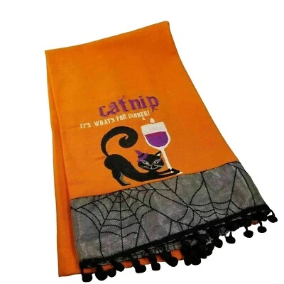 Embroidered Halloween Tea Towel Grassland Roads Black Cat Wine Glass Spider Web - Image 1 of 4