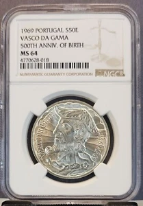 1969 PORTUGAL SILVER 50 ESCUDOS 50E VASCO DA GAMA NGC MS 64 BRIGHT BEAUTIFUL BU - Picture 1 of 3