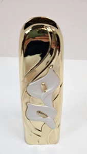 Bud Vase Metal Shiny Gold Tarnish Resistant Finish & White Enamel Calla Lilies - Picture 1 of 5