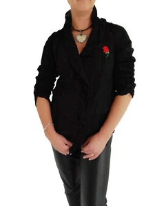 Bluse Damen Rüschenbluse Freizeitbluse Schwarz Bestickt Rose Crash Vegan Neu - Bild 1 von 5