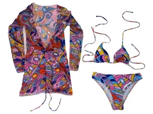 MultiColor Triangle Bikini Set with Drawstring Dress Cover Up Women's Medium - Picture 1 of 7