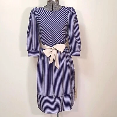 Vestido De Colección Años 80 Betsy's Things Azul Gris Rayas Talla 3/4 Foto 1 de 4