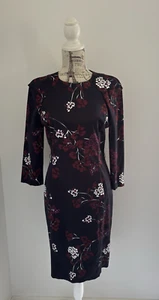 Cue Women's Navy Floral 3/4 Sleeve, Cotton Blend, Lined Corporate Dress Size 14 - Picture 1 of 13