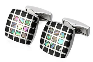 Abalone Shell & Black Onyx Checked Square Mens Wedding Gift by CUFFLINKS DIRECT - Picture 1 of 11