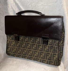 Vintage FENDI BROWN LEATHER & ZUCCA CANVAS BRIEFCASE Handbag, 15” X 12” - Picture 1 of 24