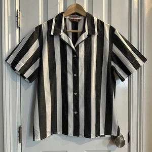 Vintage Henry Grethel Women’s Striped Short Sleeve Button Up Large Gray White - Picture 1 of 3