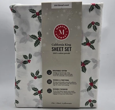 Martha Stewart California King Sheet Set Christmas Holly Berry Cotton Percale - Image 1 of 4