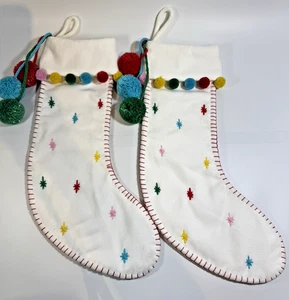 Target Wondershop Christmas Stocking Set of 2 White Retro Pom Poms & Embroidery - Picture 1 of 8