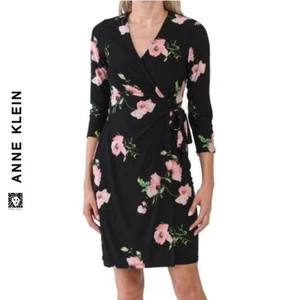 Anne Klein - schwarz und rosa Blumen Langarm Rapped Kleid Größe 10 - Bild 1 von 8