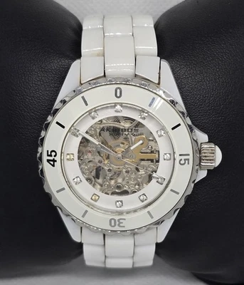 Women's Akribos XXIV White Ceramic Automatic Skeleton Crystal Bezel Watch 09 - Image 1 of 4