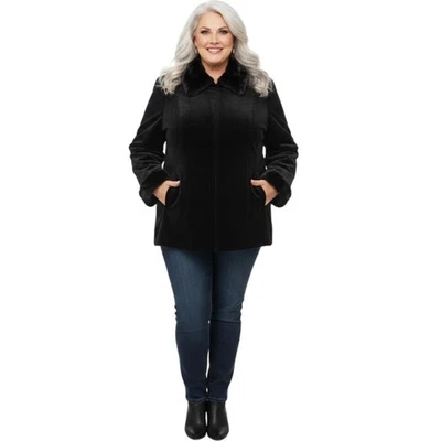 Gallery 复古黑色人造麂皮绒人造毛皮装饰全拉链黑色夹克尺寸 1X — 第 1/4 张图片