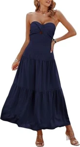 ECOWISH Women's Summer Strapless Maxi Dress Off Shoulder A Line Tube Tiered Sz M - Picture 1 of 7