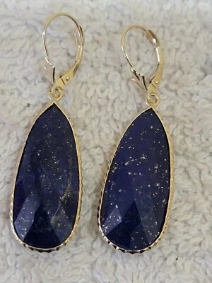 14k Yellow Gold Earrings With Genuine Lapis 12×27 mm  - Image 1 of 4