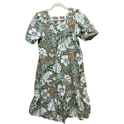 1960 Винтажный подбородок Lan гавайский женщин цветочный печать платье зеленый и бежевый размер M - Изображение 1 из 4