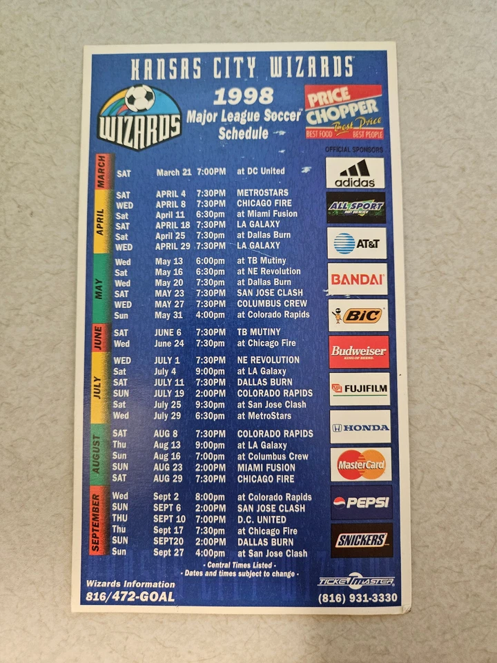 RS20 Kansas City Wizards 1998 MLS Soccer Magnet Schedule - Multi-Sponsored — 第 1/1 张图片