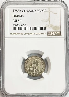 1753 B SILVER GERMANY PRUSSIA GROSCHER FREDERICK II COIN NGC ABOUT UNC 50 - Image 1 of 2