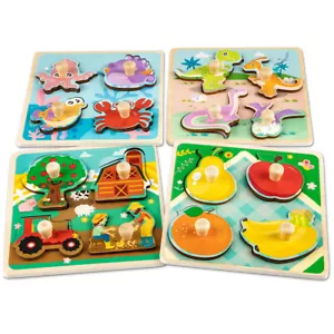 Wooden Peg Puzzle Educational & Learning Montessori Toy for Kids Babies 4 Pcs - Picture 1 of 9