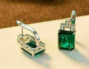 3Ct Emerald Cut Lab Created Emerald Women's Hoop Earring 14K White Gold Plated - Picture 1 of 3