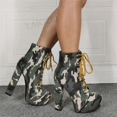 Mujeres Botas de plataforma al tobillo Punta redonda Gruesas Tacón alto Botines con cordones Zapatos  Foto 1 de 4