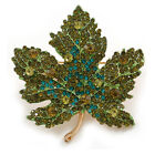 Statement Crystal Maple Leaf Brooch/Pendant in Gold Tone/Olive Green/Teal