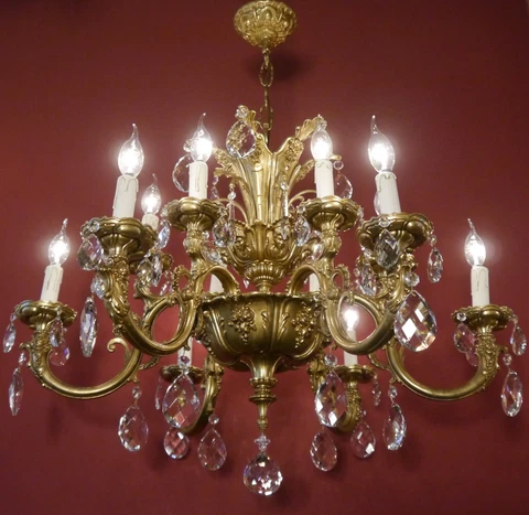 ROCOCO BAROQUE 12 LIGHT SHINY BRASS CRYSTAL GLASS CHANDELIER LAMP SPANISH Ø 31" Cover