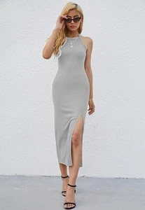 JLCNCUE Women Casual Bodycon Maxi Dress High Side Slit Dress ScoopNeck Sleeve XL - Picture 1 of 17