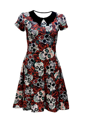 Gothic Floral Sugar Skulls Roses Print Rockabilly Collar Swing Dress Halloween  - Image 1 of 2