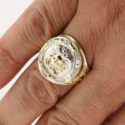 Solid 10K Gold Yellow Diamond-Cut Style Medusa Round Men’s Signet Ring - Image 1 of 4