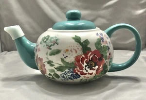 Pioneer Woman Flea Market Country Garden Teapot Floral Teal Stoneware New - Picture 1 of 8