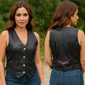 Moto Biker Weste 100% Leder mit seitlicher Schnürung bestickt Adler schwarz NEU Gr. Lg - Bild 1 von 14