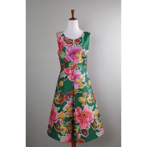 Talbots Vibrant Green Fruit Floral Print A Line Pleated Midi Dress 4 Petite - Picture 1 of 9