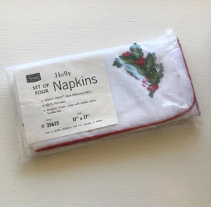 4 Christmas Napkins NIP Holly Berries White Red Green Set of New 17x17” Sears - Picture 1 of 5