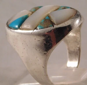 Native American Turquoise & MOP Vintage Sterling Silver Mens Ring....Size10.5 - Picture 1 of 9