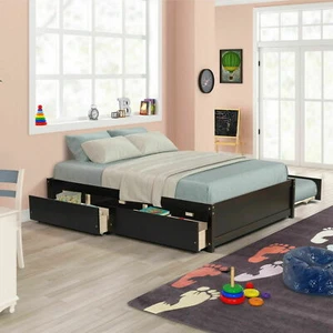Full Size Bed Frame Platform Bed With Trundle Wood Bed w/ 2 Drawers Bedroom - Picture 1 of 35