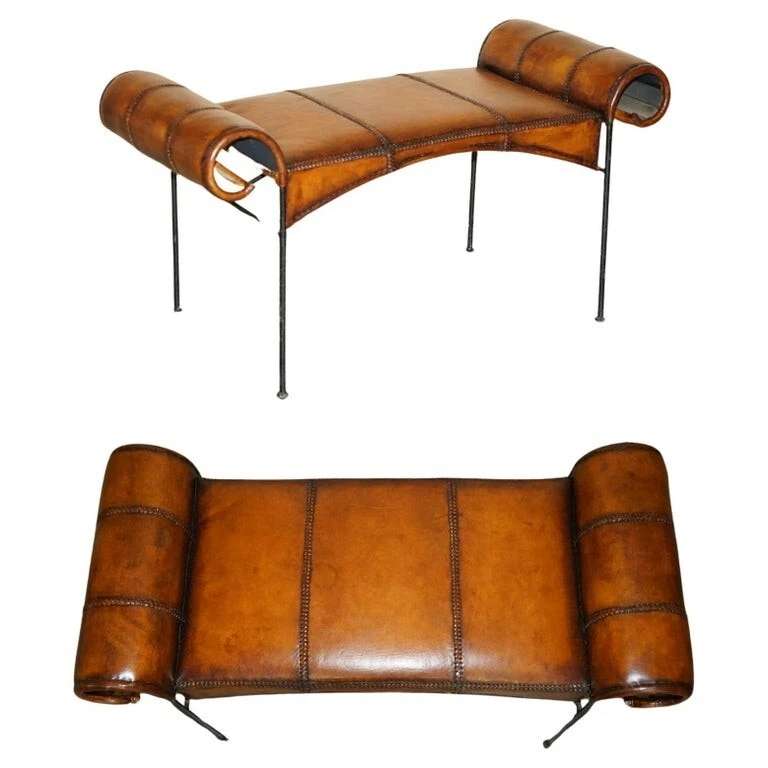 STUNNING FULLY RESTORED VINTAGE HAND LEATHER STITCHED SPANISH IRON WINDOW BENCH - Image 1 of 4